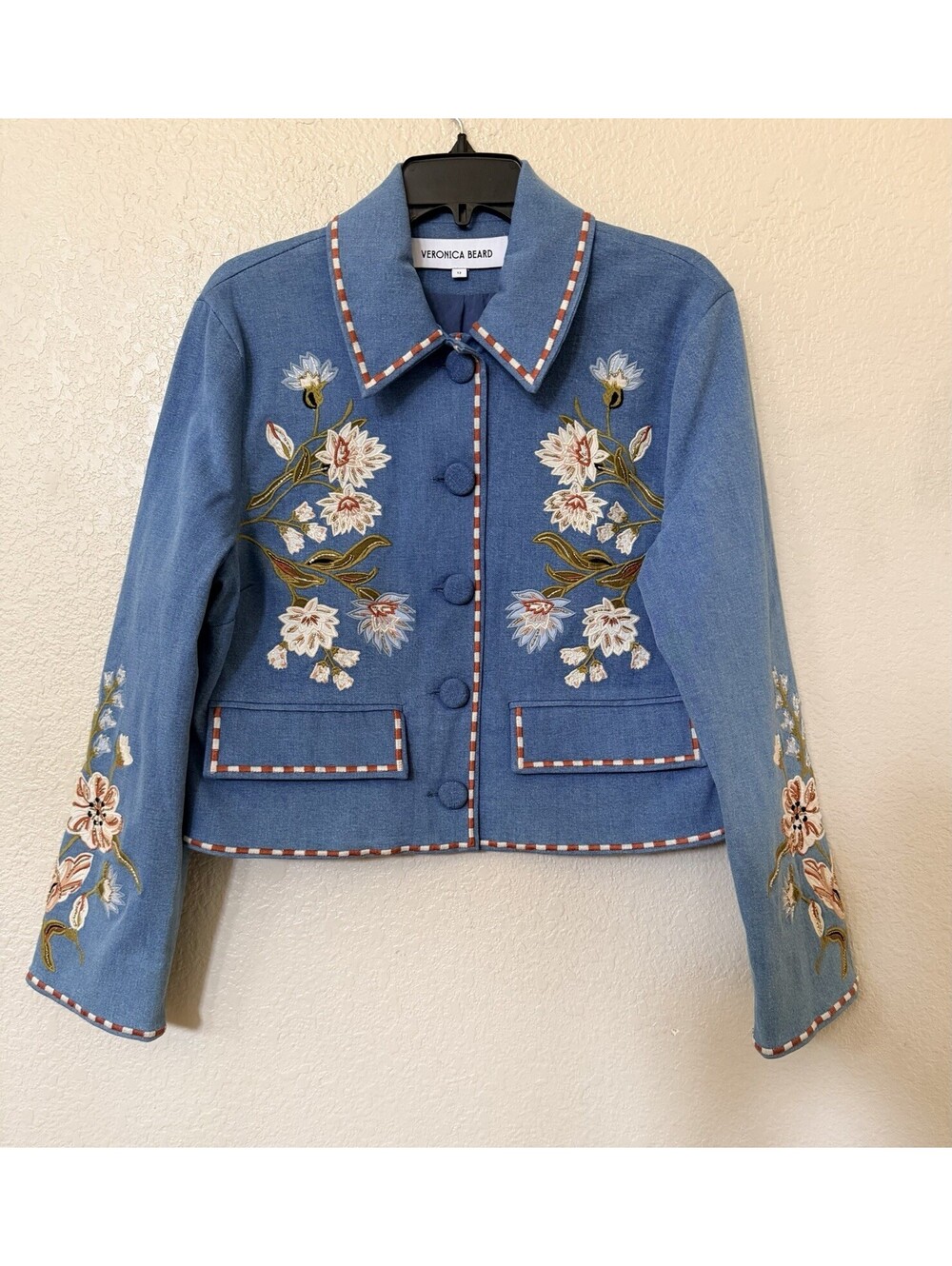 Veronica Beard Vikaria Floral Embroidery Stretch Cotton Jacket Jean Size 12 $898 - Picture 6 of 15